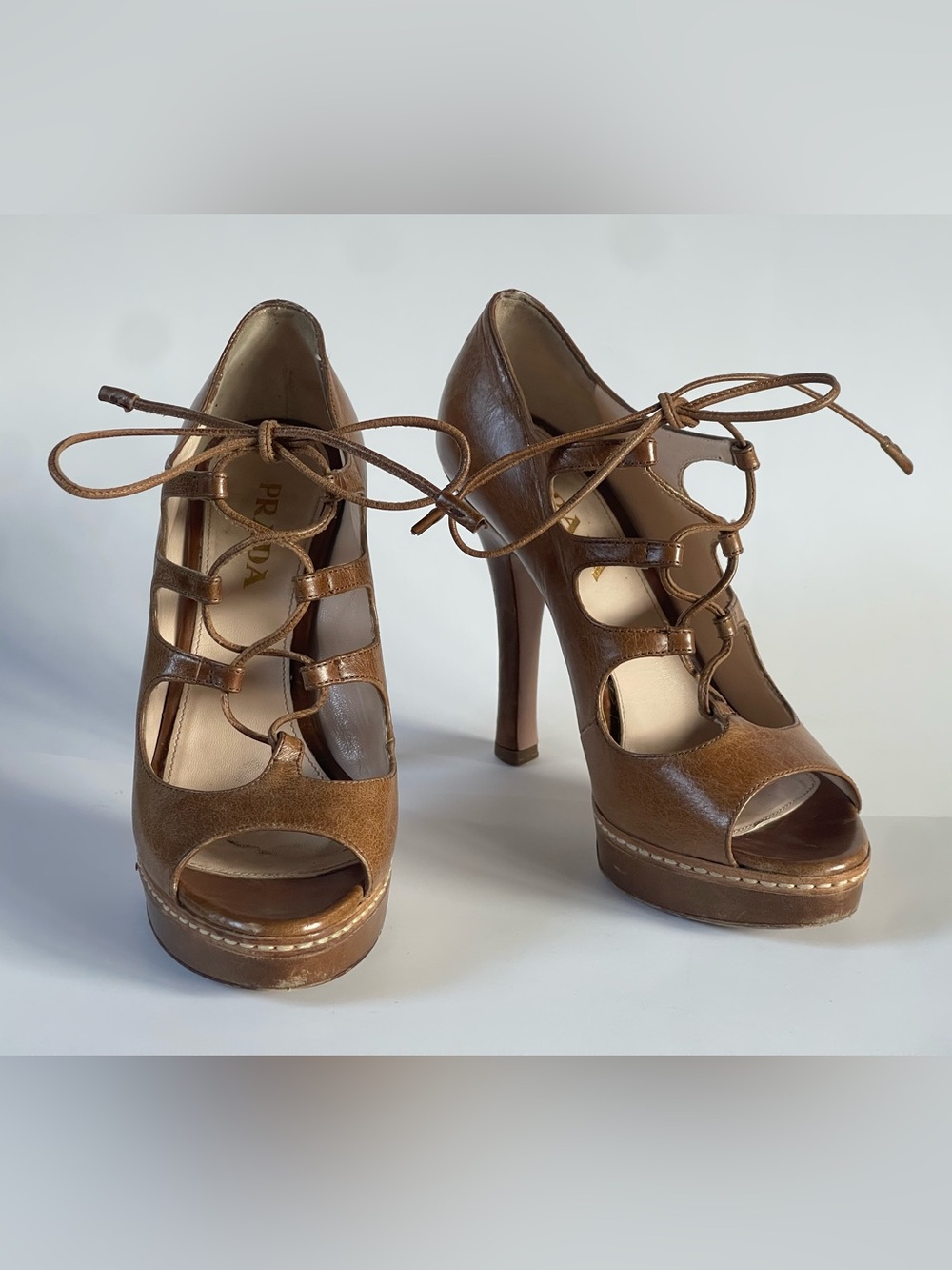 Prada Y2K Bronze Brown Leather Lace Up Platform Heels 36